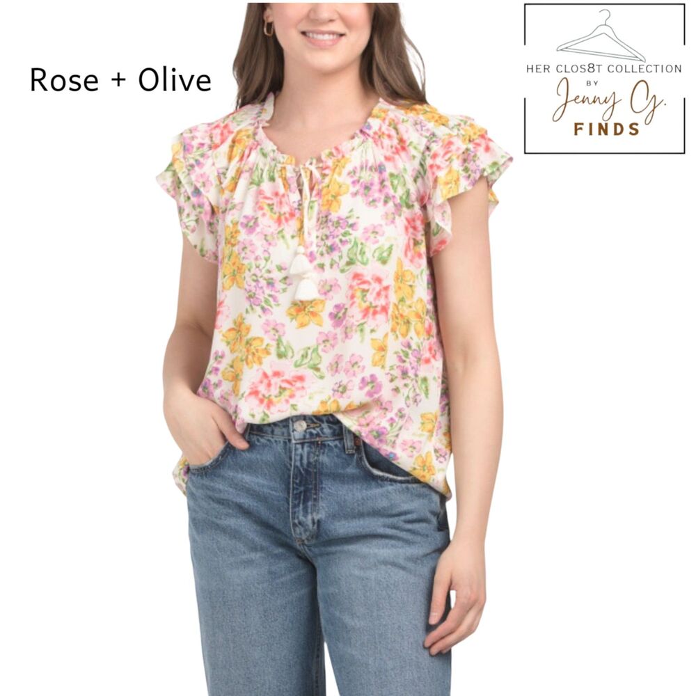 Rose + Olive Womens Multicolor Floral Triple Flutter Cap Sleeves Blouse NWT Med